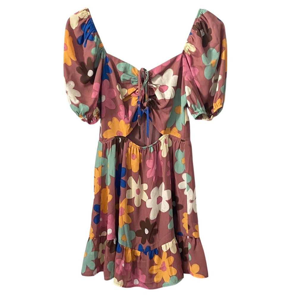 Storia Anthropologie Floral Mini Dress‎ Boho Cutout Puff Sleeve Retro Sz Small